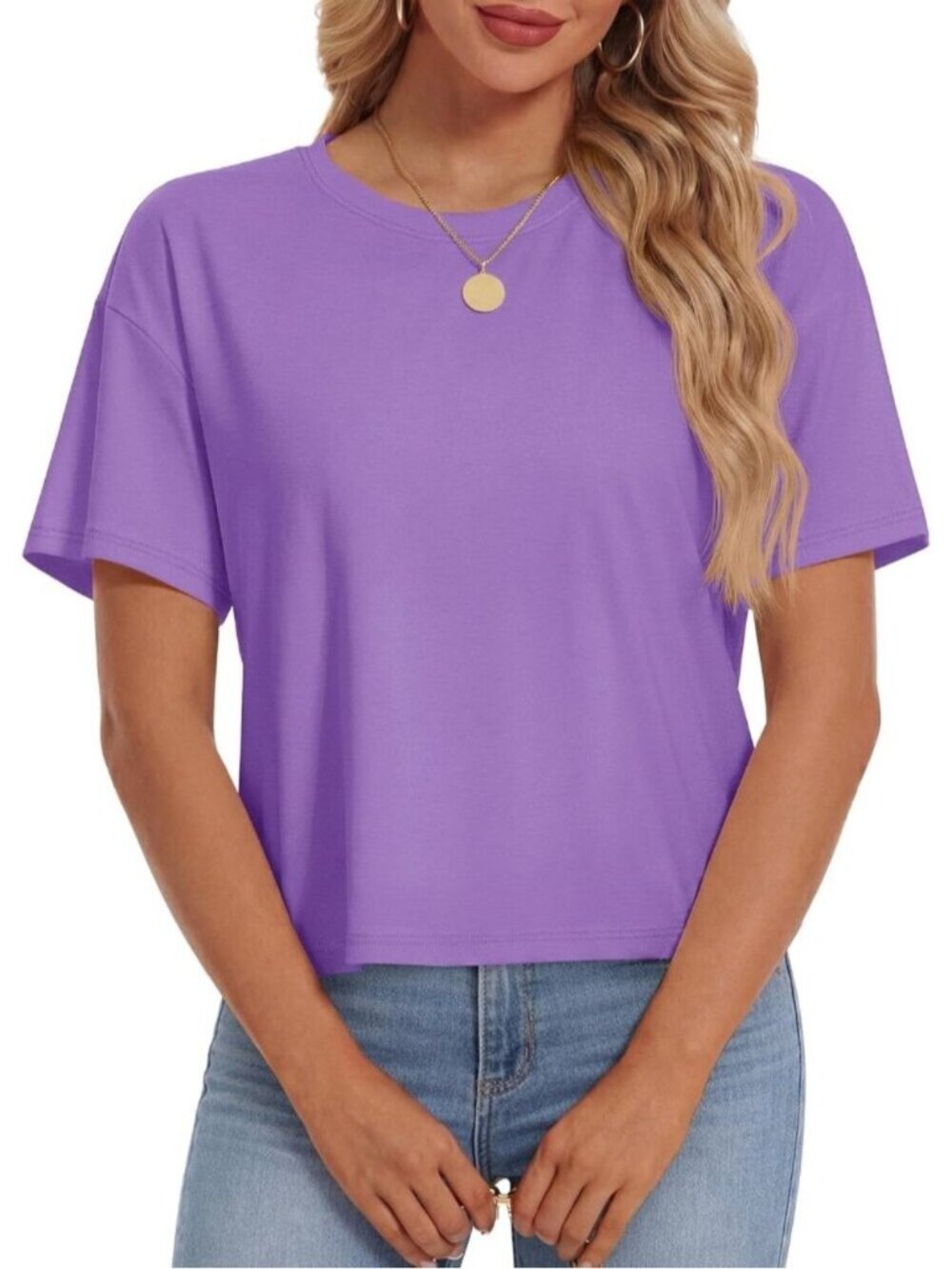 Women's Light Purple Short Sleeve Round Neck Summer Casual Loose Cotton Crop Top